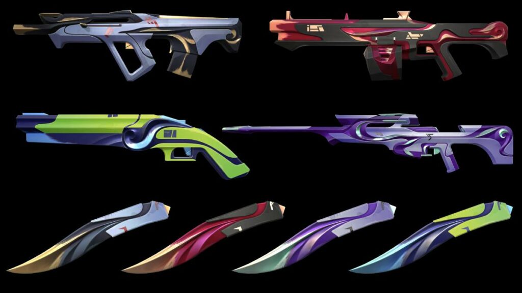The Bulldog, Judge, Shorty, Operator, and Melee with variations of the Tilde skin from the VALORANT Episode 6 Act 2 Battlepass.