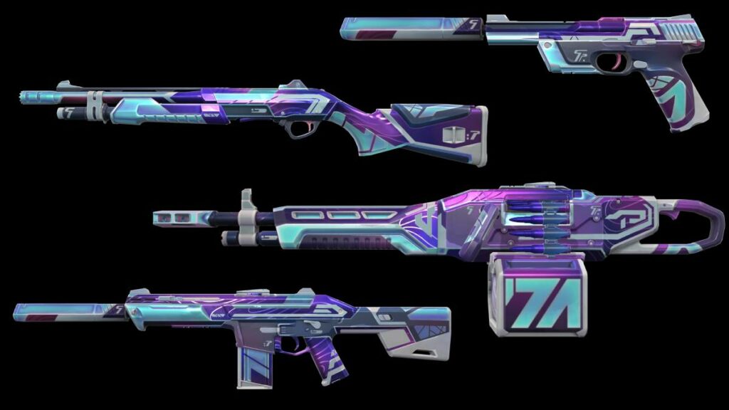 The Ghost, Bucky, Odin, and Phantom with the Topotek skin from the VALORANT Episode 6 Act 2 Battlepass.