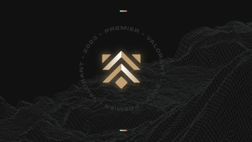 The logo for the VALORANT Premier mode sits on a wired landscape background.