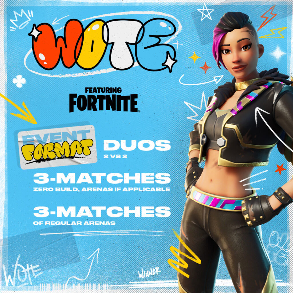 A Fortnite character stands with her hands on her hips as the graphic relays the format for the March 8 Women of the eRena.