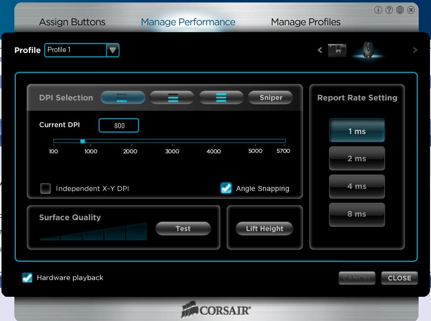 The Corsair software settings show where Angle Snapping can be enabled.