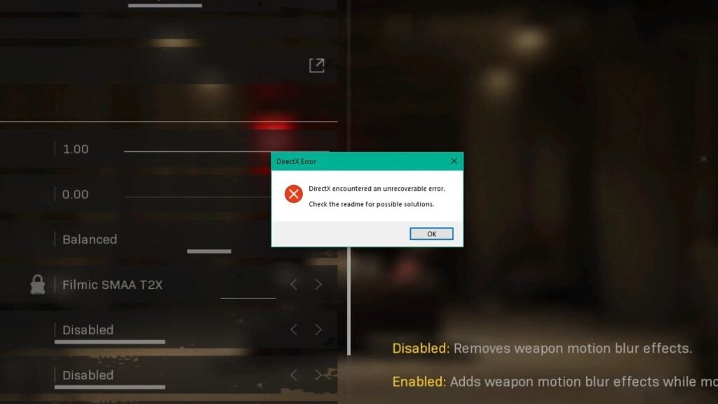 The DirectX Error is known to cause issues in both Call of Duty: Modern Warfare and MW2, as shown by the box appearing in the former's graphical settings.
