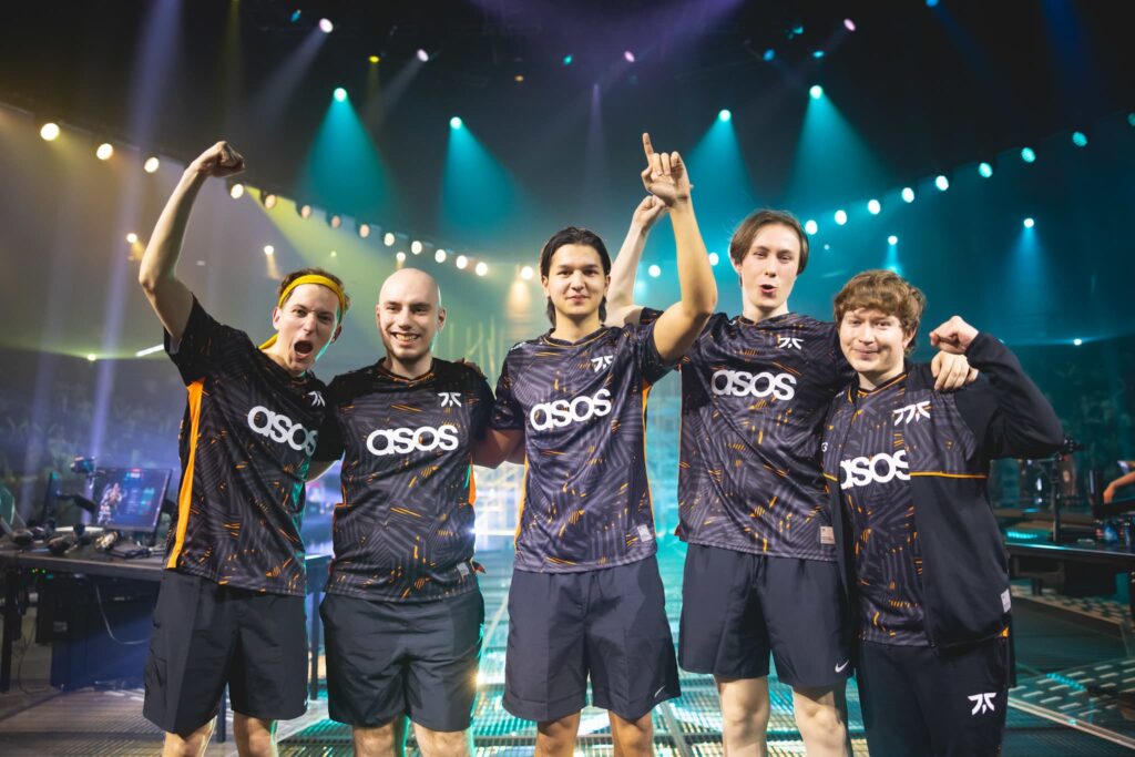 Fnatic poses onstage after victory against Natus Vincere at the VALORANT Champions Tour 2023: LOCK//IN Semifinals on March 3, 2023 in Sao Paulo, Brazil.