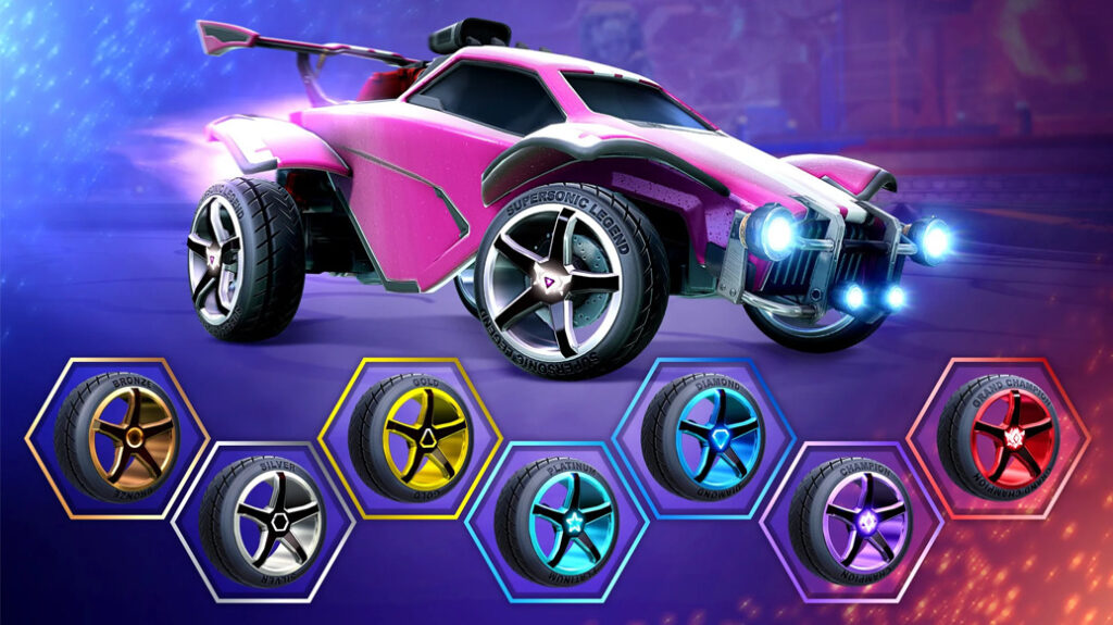 Rocket league season 9 rewards with 7 wheels colors, bronze, silver, gold, aqua, blue, purple and red wheels.