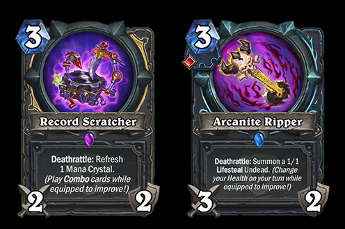 Record Scratcher and Arcanite Ripper in the Festival of Legends Hearthstone expansion 