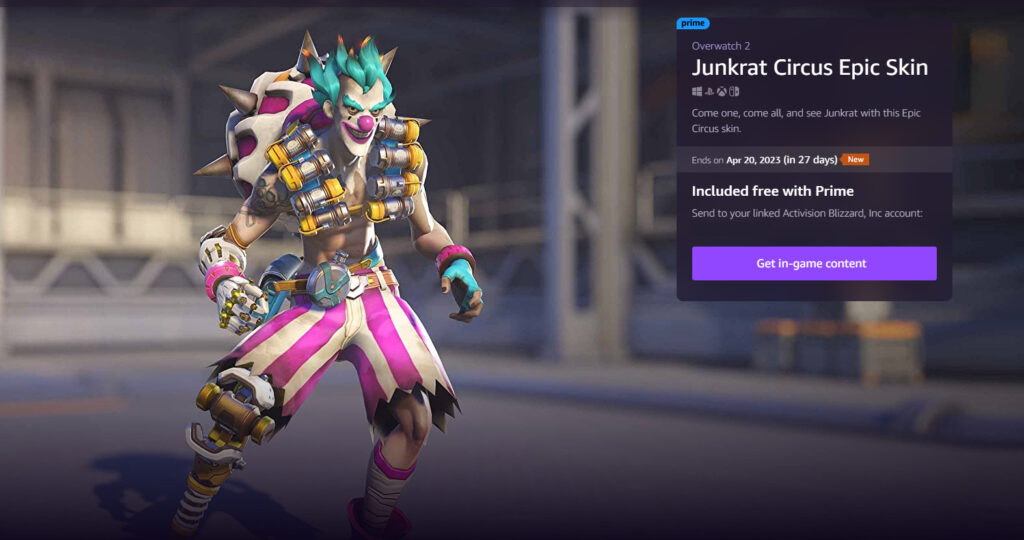 The clown Junkrat skin is free for Prime Gaming members
