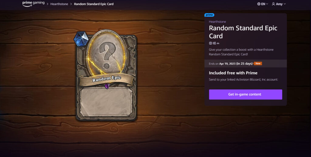 Random Standard Epic Hearthstone card on Prime Gaming