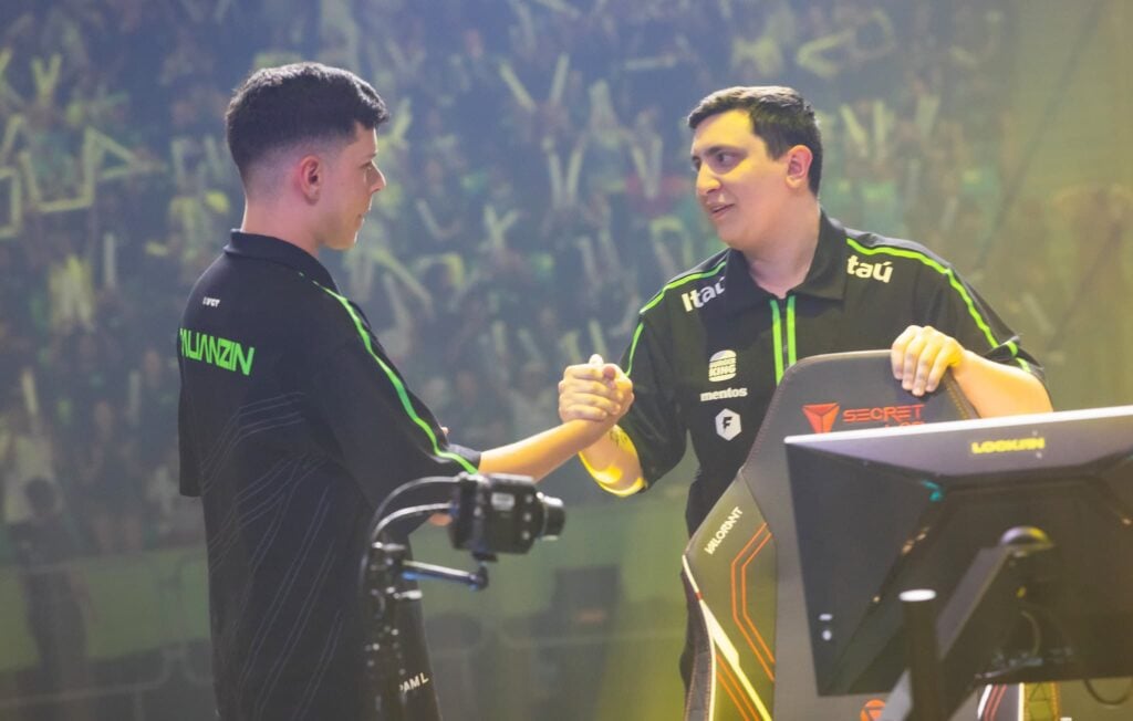Cauan "cauanzin" Pereira (L) and Matias "Saadhak" Delipetro of LOUD react onstage at the VALORANT Champions Tour 2023: LOCK//IN Semifinals on March 2, 2023 in Sao Paulo, Brazil.