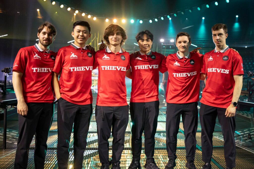 100 Thieves poses on stage at the VALORANT Champions Tour 2023: LOCK//IN tech check on February 21, 2023 in Sao Paulo, Brazil.