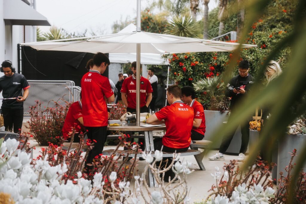 100 Thieves are seen backstage between matches during Week 5 of 2023 VCT Americas at the Riot Games Arena on April 29, 2023.