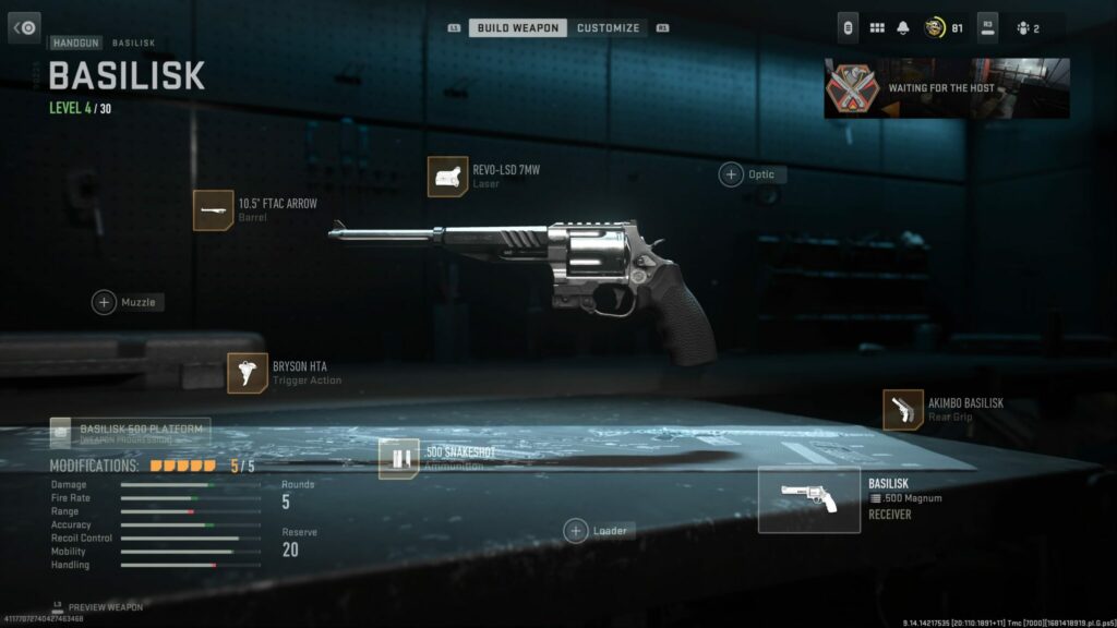 The weapon loadout screen shows all five attachments for the best Basilisk loadout in MW2.