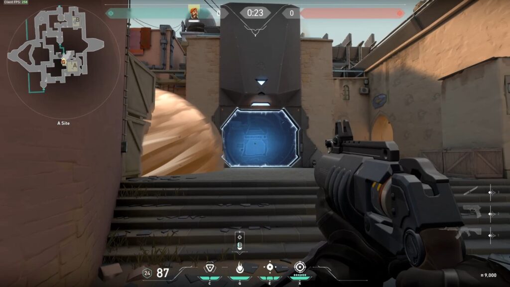 Brimstone aims his Incendiary shooter at the teleporter near A Site on Bind.