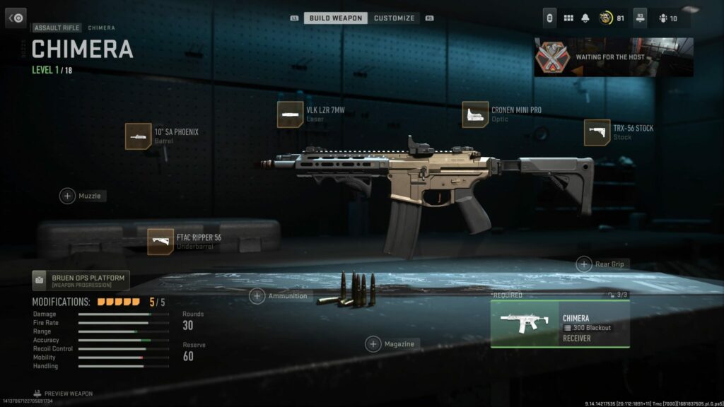 The loadout page for the Chimera in MW2 shows the five best attachments and the status changes once they are placed on the weapon.