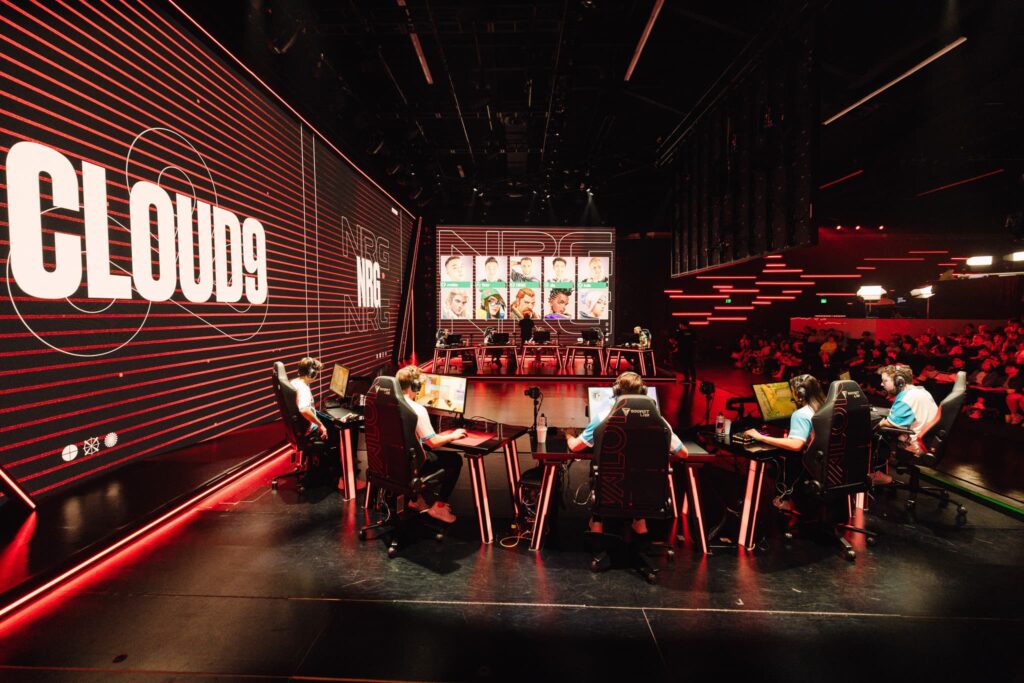 Cloud9, front, and NRG compete during Week 4 of 2023 VCT Americas at the Riot Games Arena on April 23, 2023.
