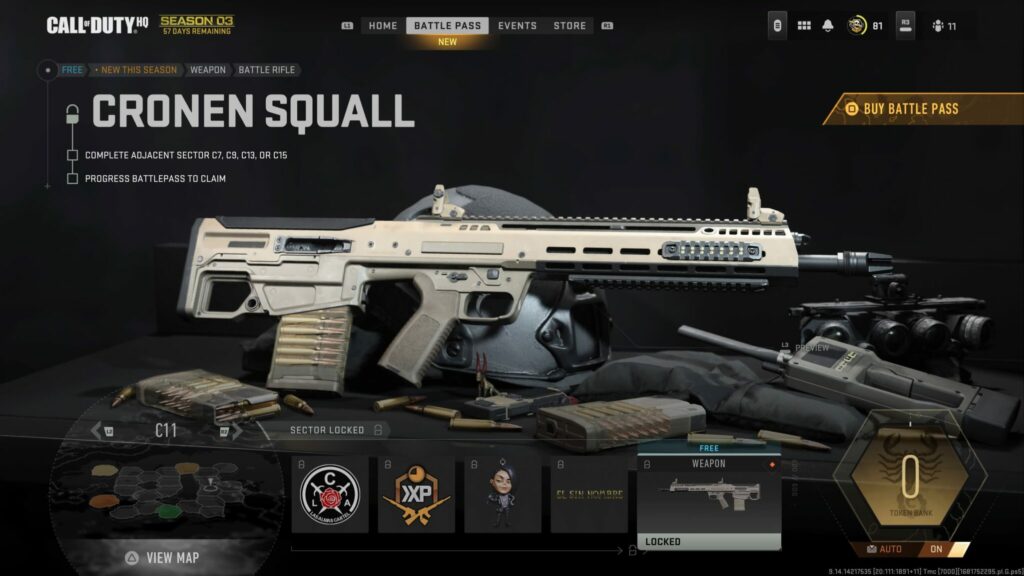 The Cronen Squall rests on top of equipment in the Sector C11 Battle Pass page of MW2 Season 3.