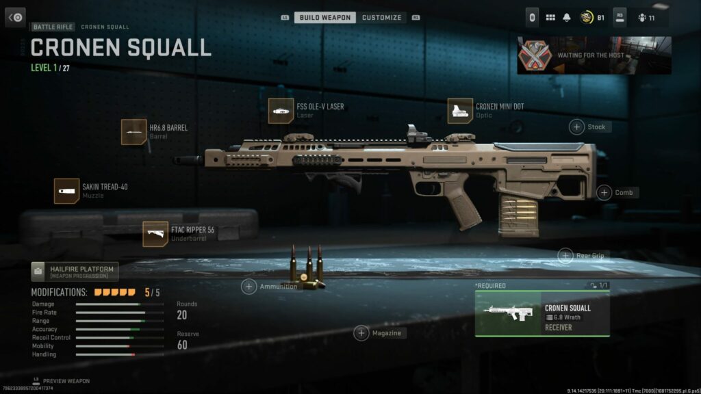 The MW2 loadout screen shows the five best attachments and their stat changes for the Cronen Squall battle rifle.