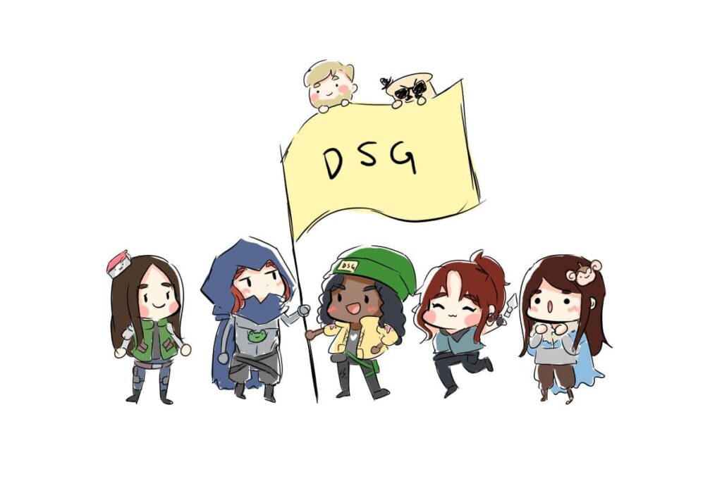 The DSG GC team is hand drawn by Lily Pichu as different VALORANT agents holding a DSG flag.