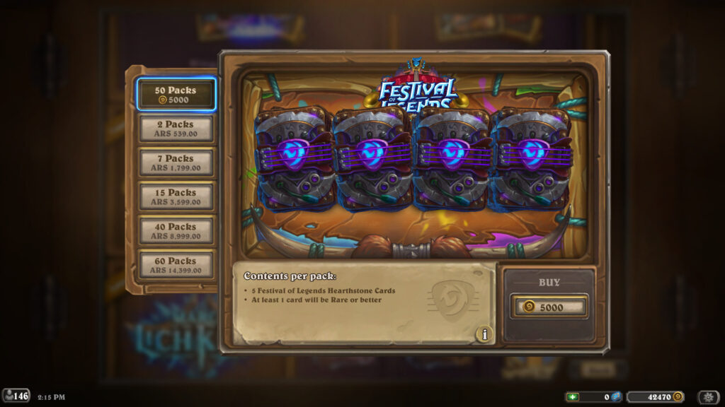 How to buy multiple Festival of Legends Hearthstone packs with Gold?