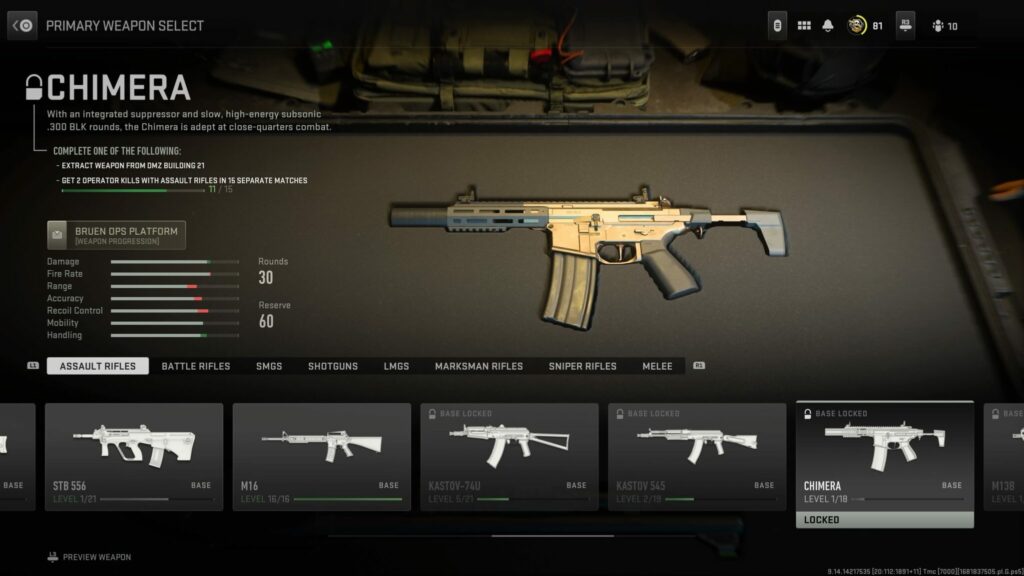 The Chimera assault rifle sits in a case on the AR selection screen, where it shows its stats and how to unlock the weapon.
