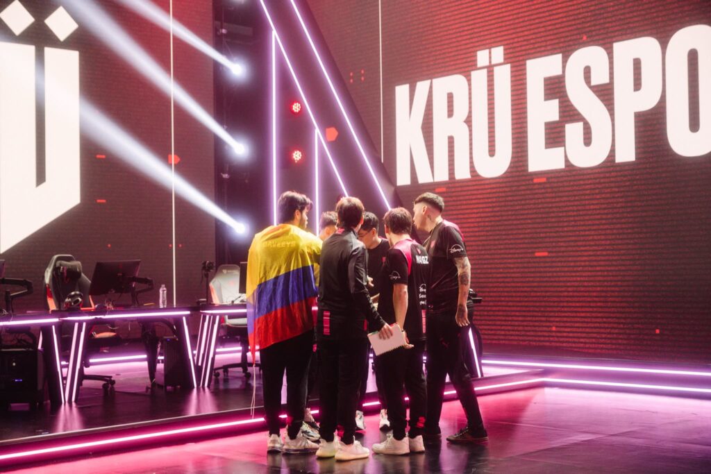 KRU Esports huddles onstage before competing during the VCT Americas Opening Weekend 2023 at the Riot Games Arena on April 1, 2023.