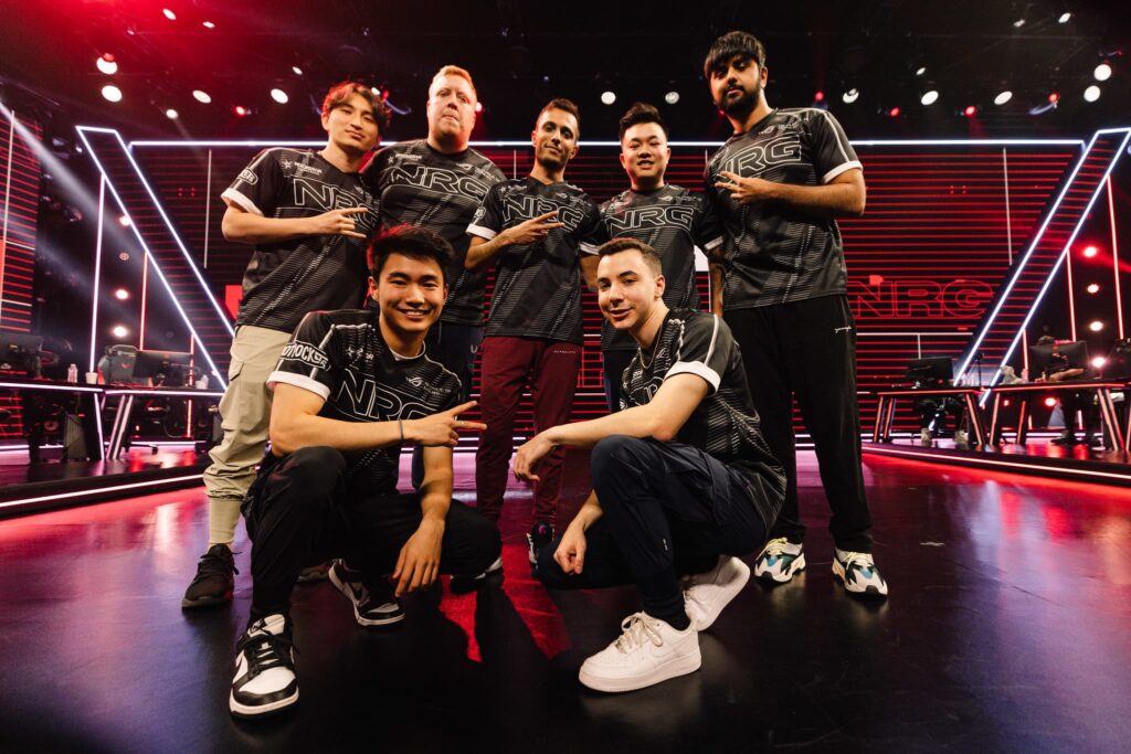 NRG, with s0m all smiles, poses onstage after victory against KRU Esports during Week 4 of 2023 VCT Americas at the Riot Games Arena on April 25, 2023.