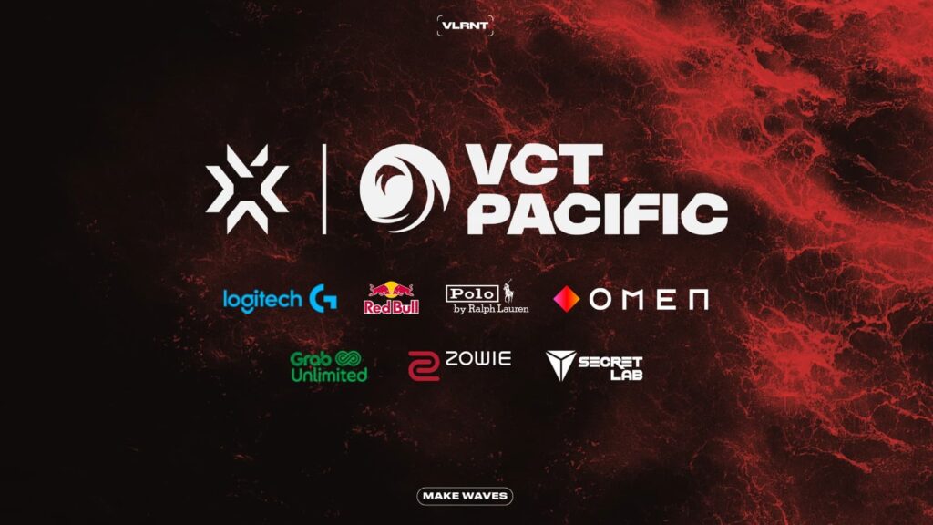 A graphic shows a variety of sponsors for the VCT Pacific League, such as Logitech, Red Bull, and Polo.