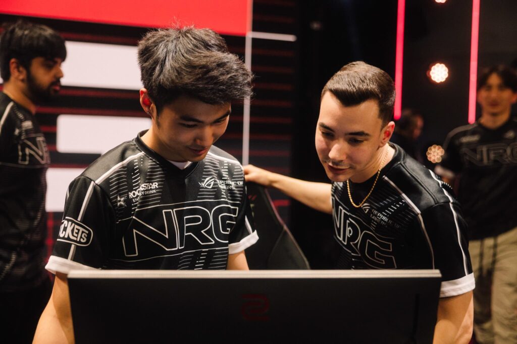 Austin "crashies" Roberts (R) and Sam "s0m" Oh of NRG react after victory against KRU Esports during Week 4 of 2023 VCT Americas at the Riot Games Arena on April 25, 2023.