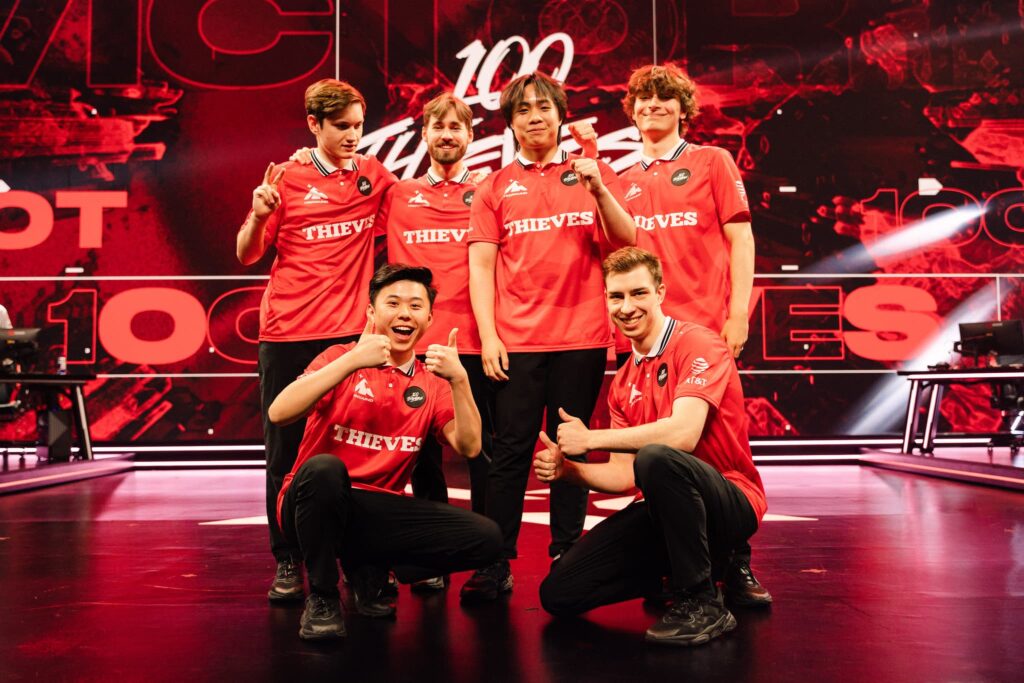100 Thieves poses onstage after victory during Week 7 of 2023 VCT Americas at the Riot Games Arena on May 13, 2023.