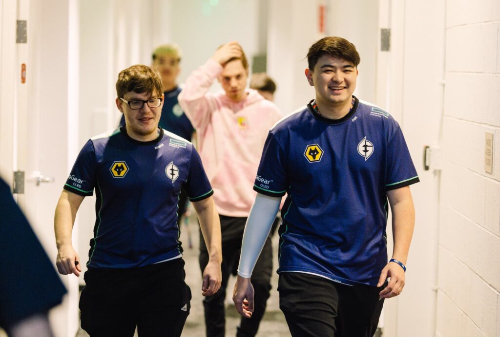 Kelden "Boostio" Pupello (L) and Corbin "C0M" Lee of Evil Geniuses seen backstage before competing during Week 7 of 2023 VCT Americas at the Riot Games Arena on May 13, 2023.
