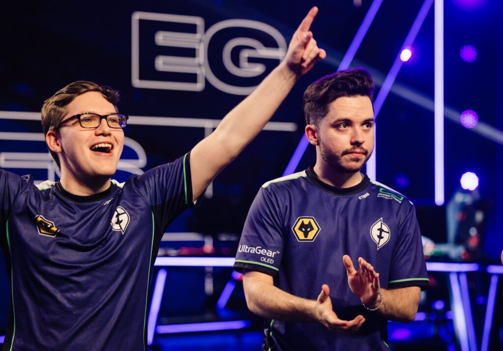 Kelden "Boostio" Pupello (L) and Ethan "Ethan" Arnold of Evil Geniuses react onstage after victory during Week 9 of 2023 VCT Americas Playoffs at the Riot Games Arena on May 23, 2023.