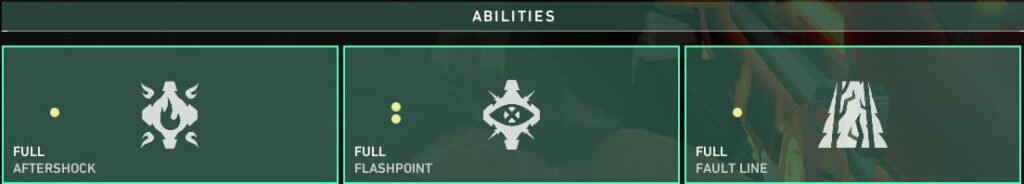 Breach's abilities, fully purchased, on the Buy Menu within VALORANT.