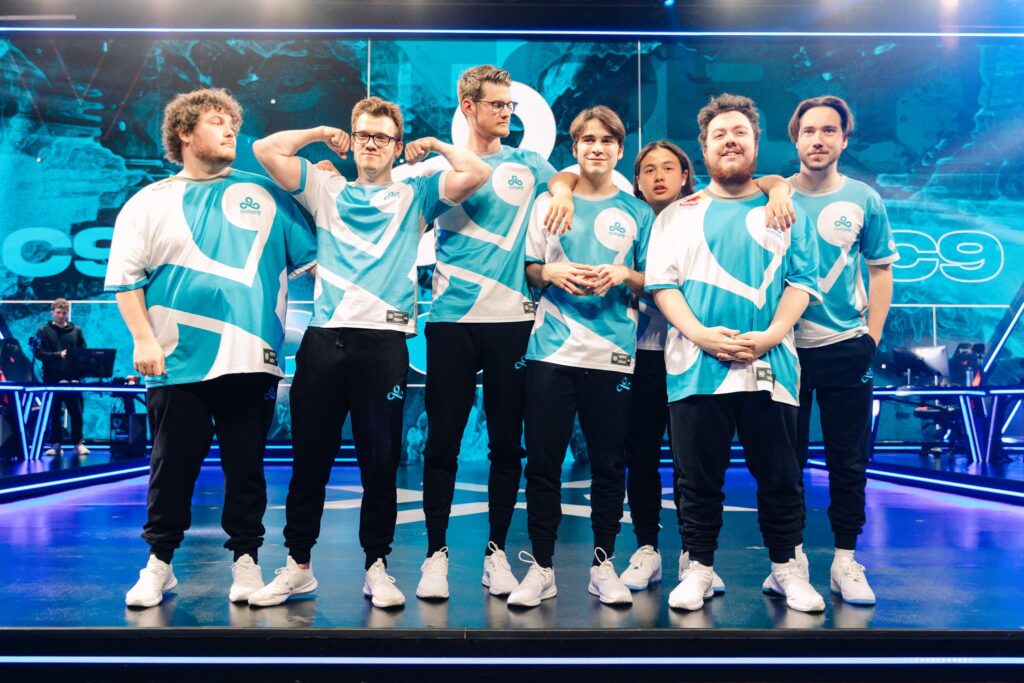 Cloud9 poses onstage after victory during Week 9 of 2023 VCT Americas Playoffs at the Riot Games Arena on May 25, 2023.
