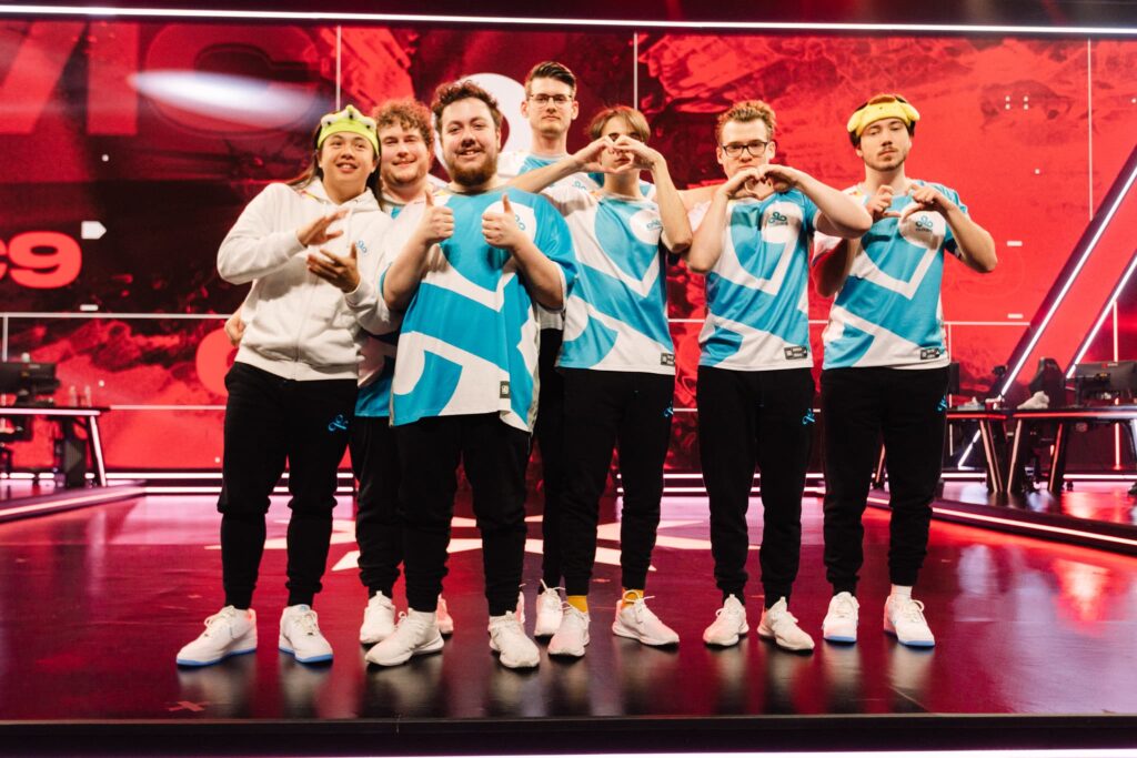 Cloud9 poses onstage after victory during Week 7 of 2023 VCT Americas at the Riot Games Arena on May 15, 2023.