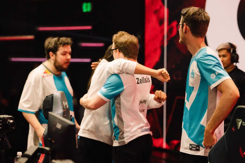Cloud9 seen onstage while competing during Week 8 of 2023 VCT Americas at the Riot Games Arena on May 19, 2023.