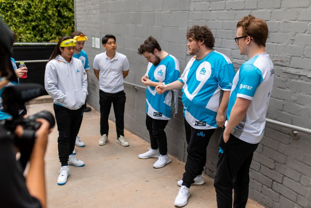 Cloud9 huddles backstage between mapWeek 7 of 2023 VCT Americas at the Riot Games Arena on May 15, 2023.