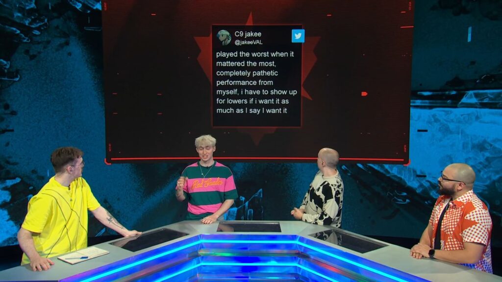 The broadcast team looks at the screen during the VCT Americas broadcast, showing C9 jakee's tweet after losing to EG.