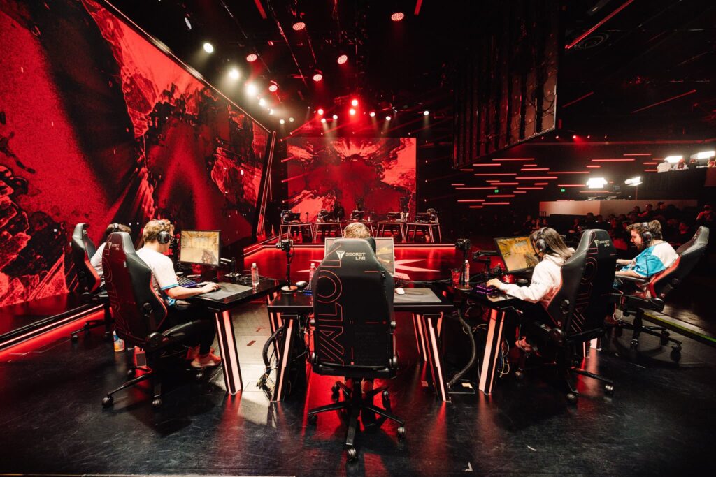 Cloud9 (front) and KRU Esports compete during Week 8 of 2023 VCT Americas at the Riot Games Arena on May 19, 2023.