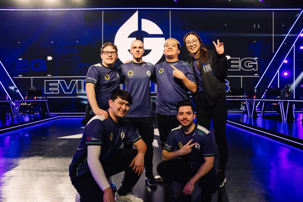 Evil Geniuses pose onstage after victory during Week 9 of 2023 VCT Americas Playoffs at the Riot Games Arena on May 23, 2023.