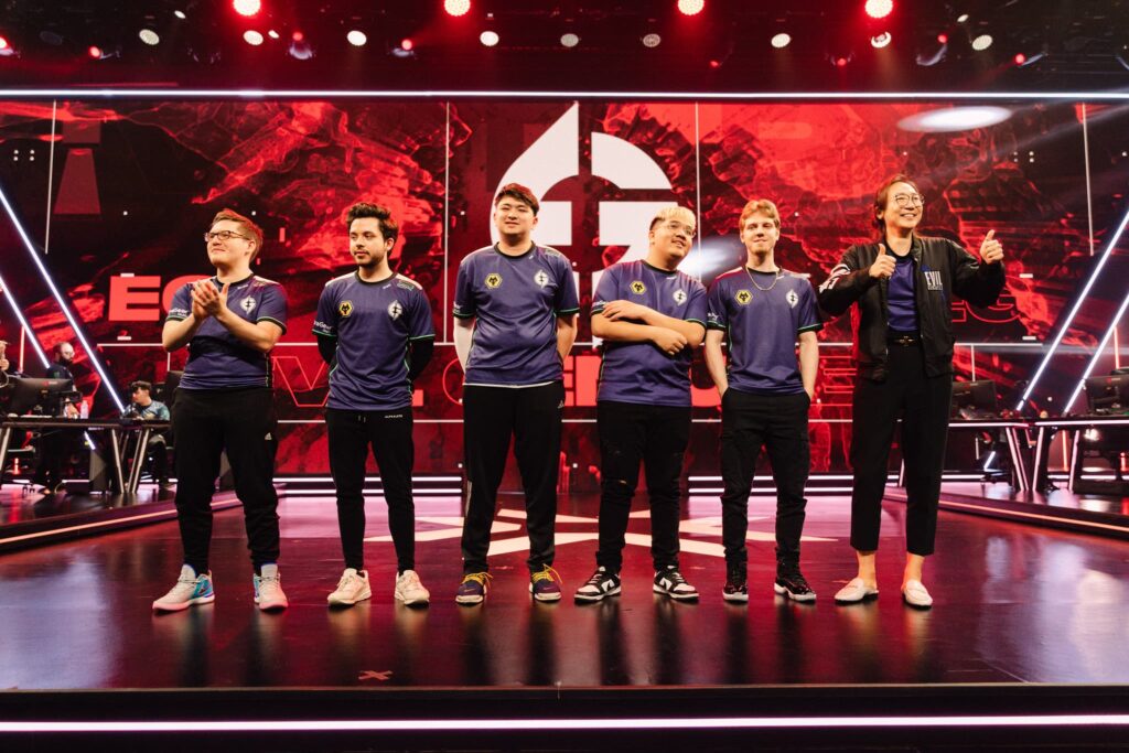 Evil Geniuses, with C0M in the center, poses onstage after victory during Week 7 of 2023 VCT Americas at the Riot Games Arena on May 13, 2023.