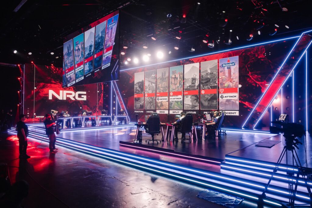 NRG (L) and Evil Geniuses compete during Week 8 of 2023 VCT Americas at the Riot Games Arena on May 18, 2023.