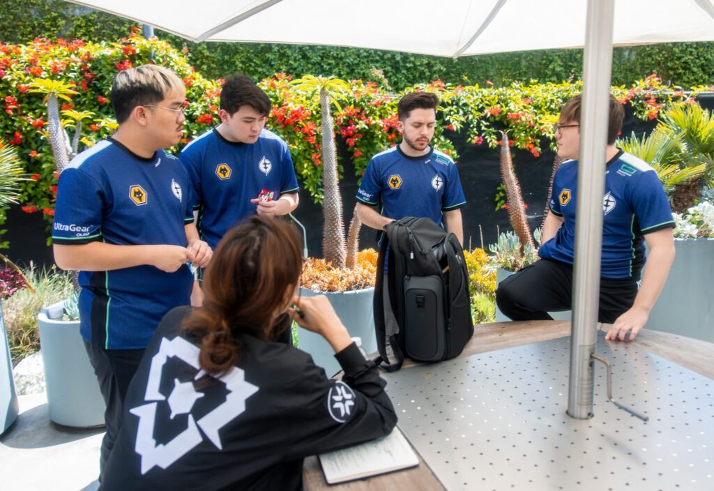 Potter speaks with her Evil Geniuses players backstage, between matches during Week 9 of 2023 VCT Americas Playoffs at the Riot Games Arena on May 27, 2023.