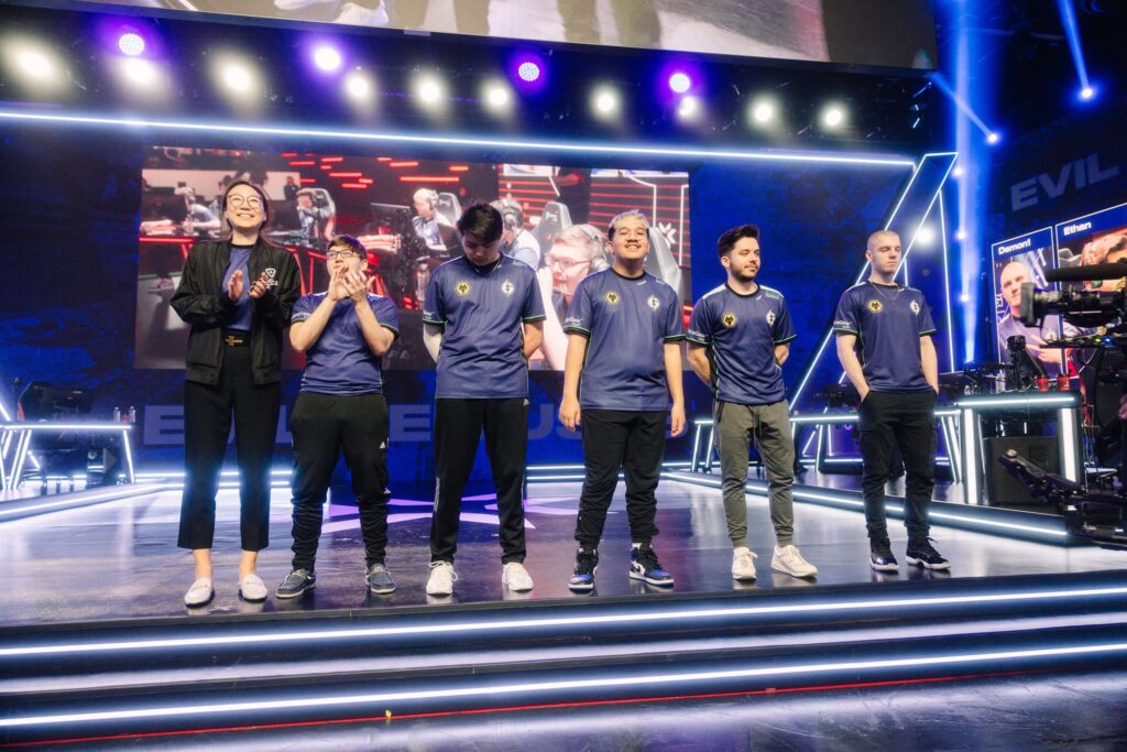 Evil Geniuses poses onstage before competing during Week 9 of 2023 VCT Americas Playoffs at the Riot Games Arena on May 27, 2023.