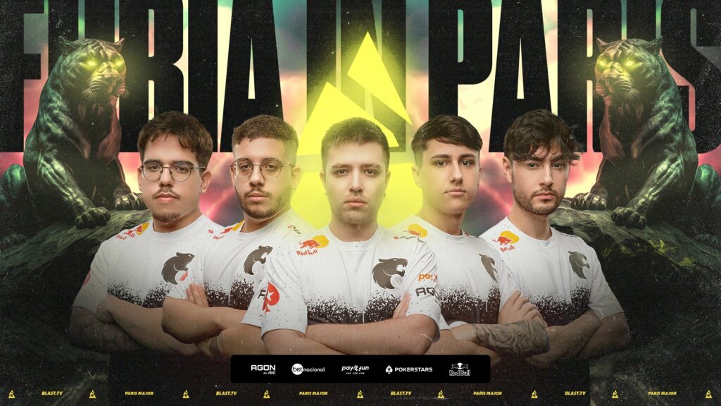 FURIA players with a banner behind them announcing their preparation for BLAST Paris Major
