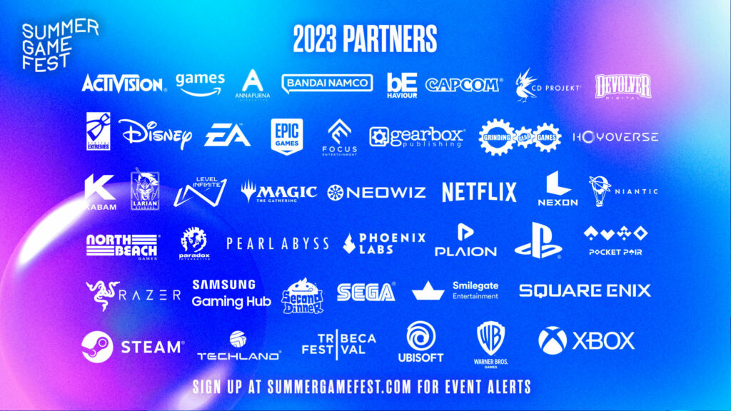 Partners include:  Activision, Amazon Games, Annapurna, Bandai Namco, Behaviour, Capcom, CD Projekt Red, Devolver, Digital Extremes, Disney, EA, Epic Games, Focus, Gearbox Publishing, Grinding Gear Games, hoyoverse, Kabam, Larian, Level Infinite, Magic the Gathering, Neowiz, Netflix, Nexon, Niantic, North Beach Games, Samsung Gaming Hub, Second Dinner, Sega, Paradox, Pearl Abyss, Phoenix Labs, Plaion, PlayStation, Pocket Pair, Razer, Smilegate, Square Enix, Steam, Techland, Tribeca Festival, Ubisoft, Warner Bros. Games, and Xbox.