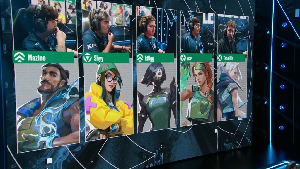 The Agent select screen shows Mazino picking Harbor, Shyy picking Killjoy, kiNgg picking Viper, nzr picking Skye, and Tacolilla picking Jett.