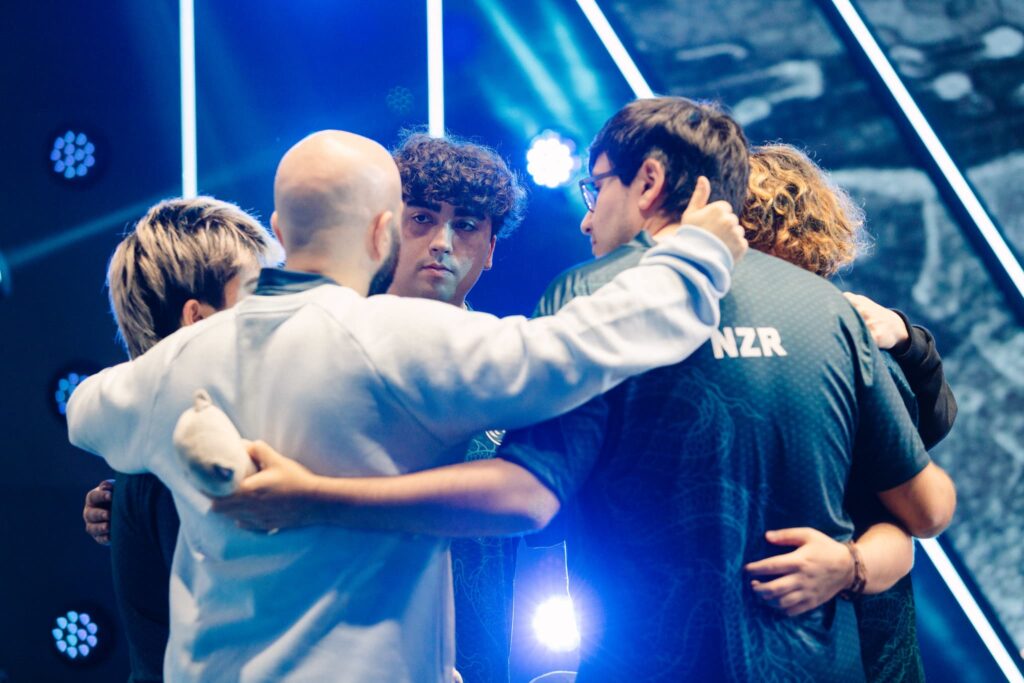 Leviatan, led by coach Onur, huddles onstage before competing during Week 9 of 2023 VCT Americas Playoffs at the Riot Games Arena on May 25, 2023.