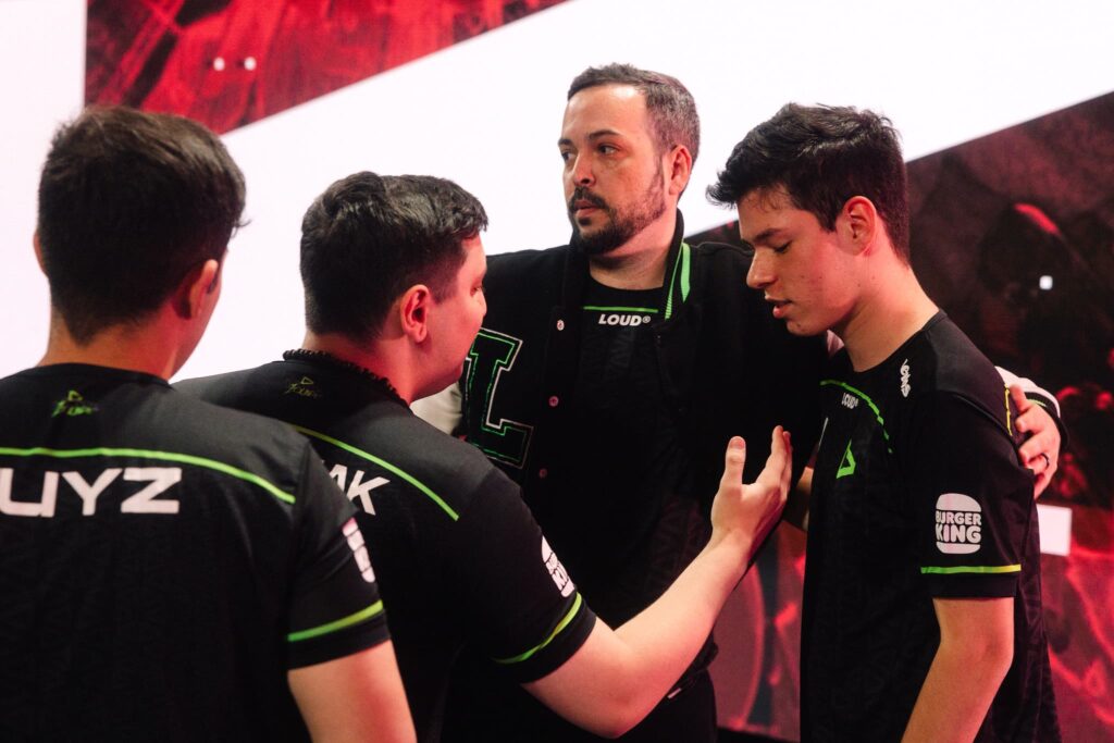 LOUD and fRoD react onstage after victory during Week 6 of 2023 VCT Americas at the Riot Games Arena on May 7, 2023.