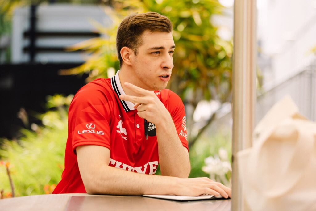 Coach Michael "Mikes" Hockom of 100 Thieves seen backstage between matches during Week 7 of 2023 VCT Americas at the Riot Games Arena on May 13, 2023.