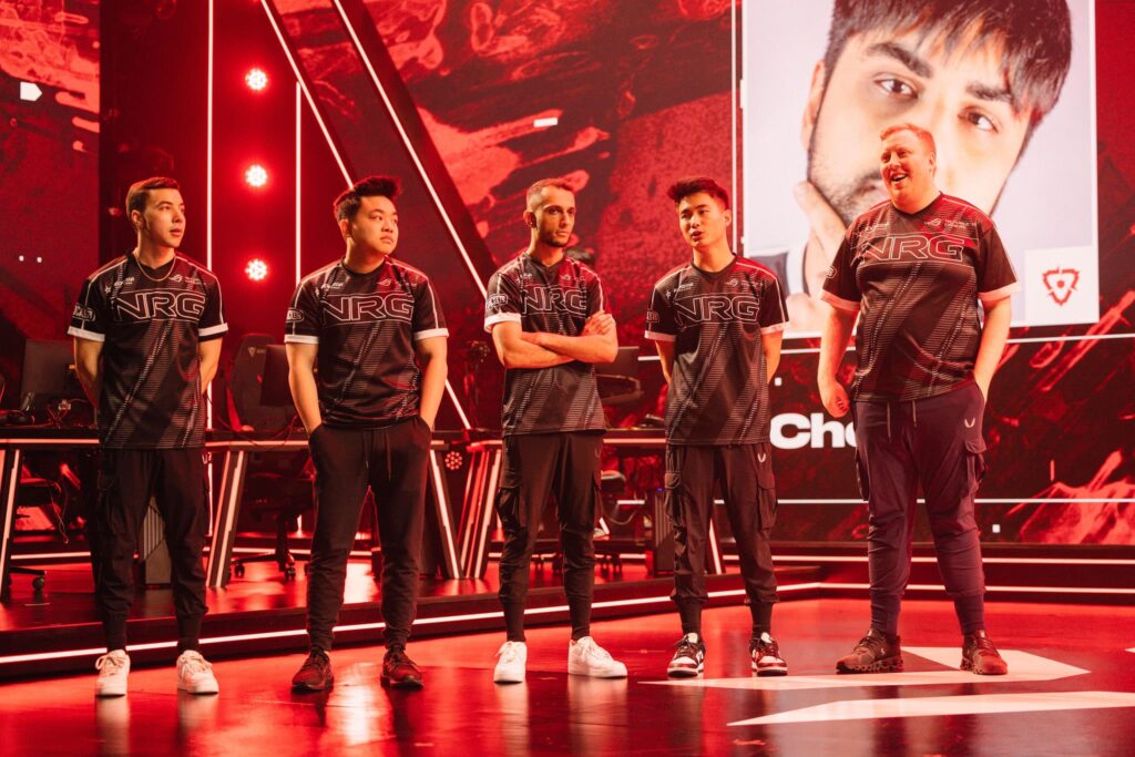 NRG poses onstage before competing during Week 6 of 2023 VCT Americas at the Riot Games Arena on May 8, 2023.