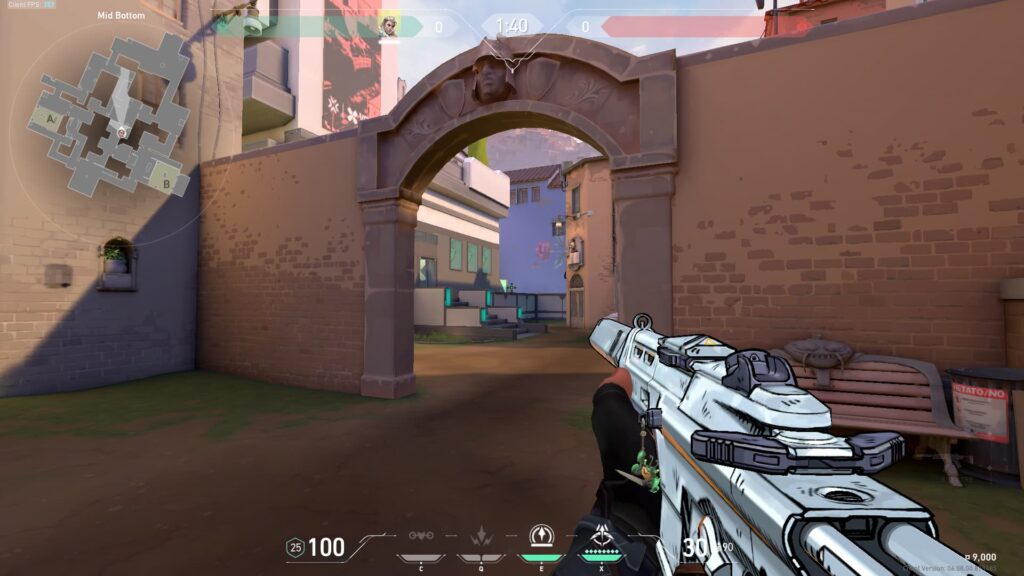 Sova looks towards the Top Mid position on Ascent, with light shields and a Spectre, signifying a half-buy round in VALORANT.